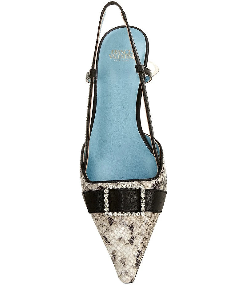 FRANCES VALENTINE Cutie Snake Embossed Leather Buckle Ornament Kitten Heel Slingback Pumps