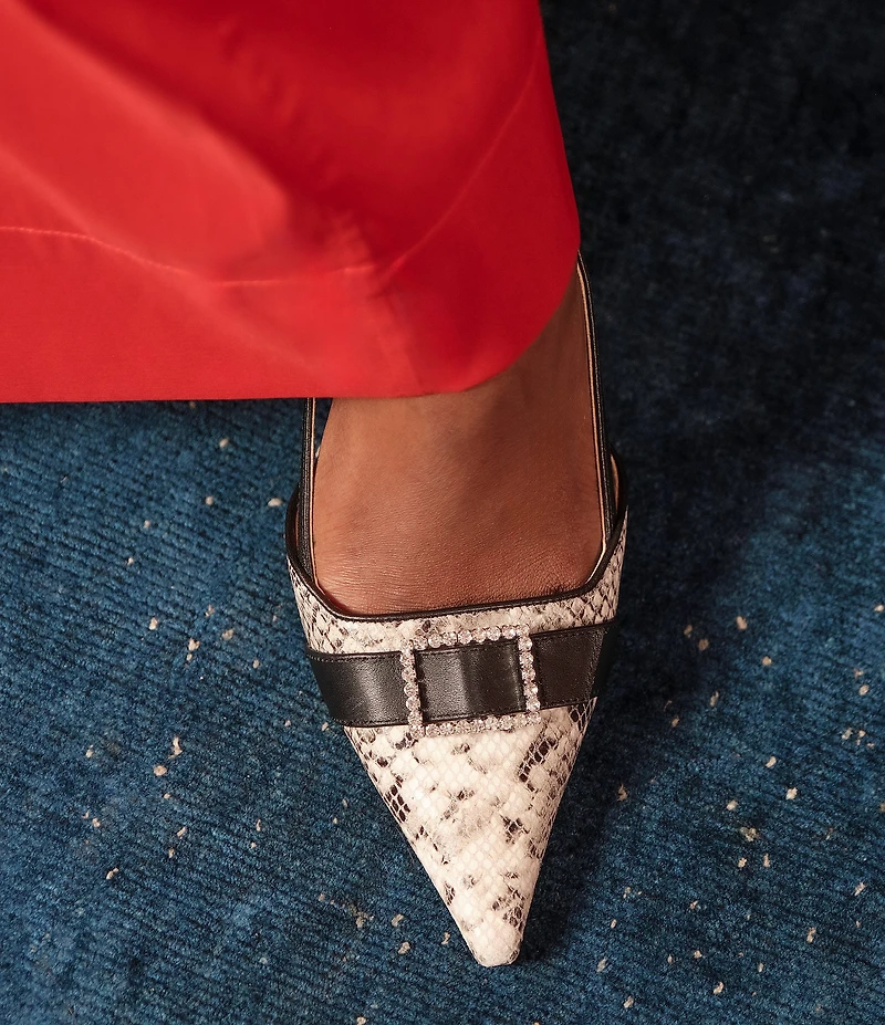 FRANCES VALENTINE Cutie Snake Embossed Leather Buckle Ornament Kitten Heel Slingback Pumps