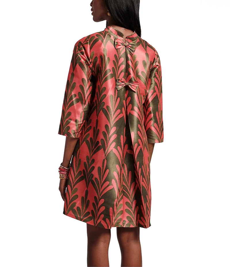 FRANCES VALENTINE Diplomat Royal Palm Dupion Mock Neck 3/4 Sleeve Bow Back Dress