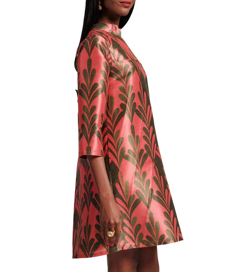 FRANCES VALENTINE Diplomat Royal Palm Dupion Mock Neck 3/4 Sleeve Bow Back Dress