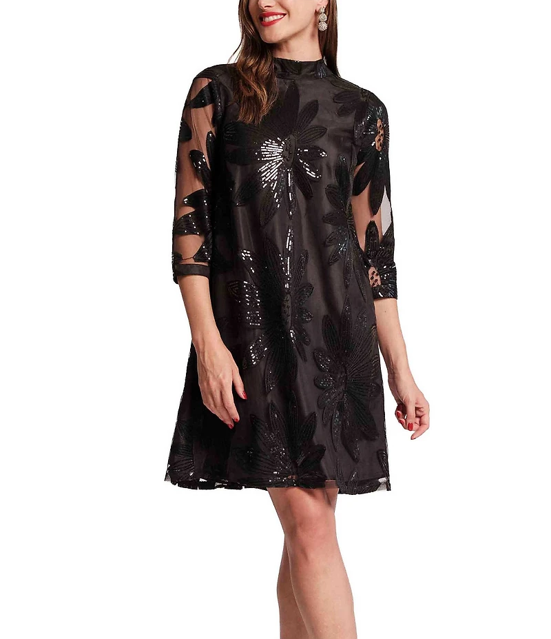 FRANCES VALENTINE Diplomat Sequin Floral Tulle Mesh Mock Neck 3/4 Sleeve Dress