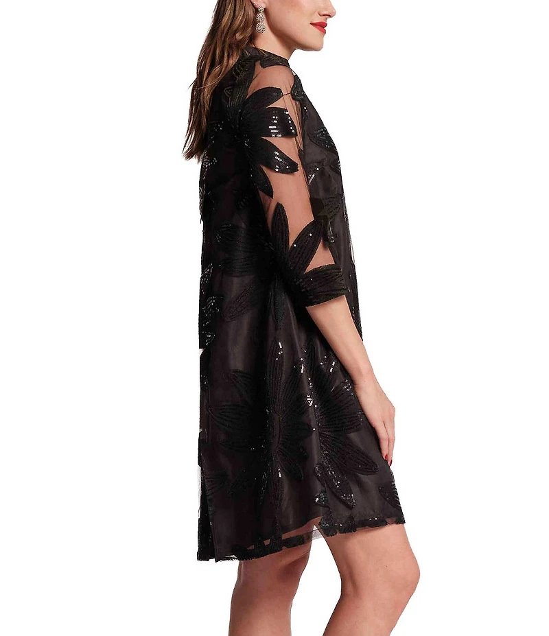 FRANCES VALENTINE Diplomat Sequin Floral Tulle Mesh Mock Neck 3/4 Sleeve Dress