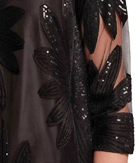 FRANCES VALENTINE Diplomat Sequin Floral Tulle Mesh Mock Neck 3/4 Sleeve Dress