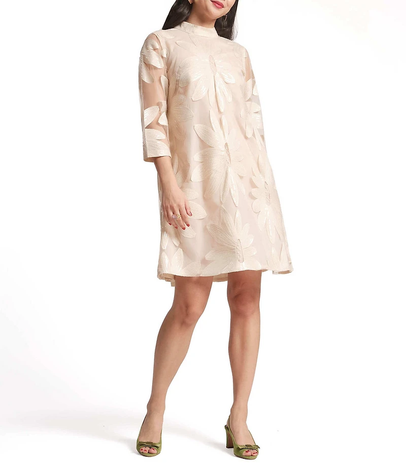 FRANCES VALENTINE Diplomat Sequin Floral Tulle Mesh Mock Neck 3/4 Sleeve Dress