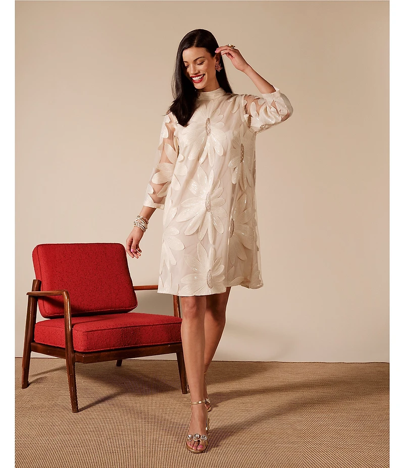 FRANCES VALENTINE Diplomat Sequin Floral Tulle Mesh Mock Neck 3/4 Sleeve Dress