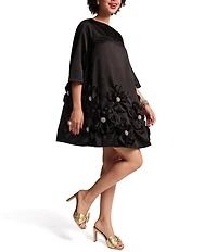 FRANCES VALENTINE Edie Tafetta Floral Applique 3/4 Sleeve Dress