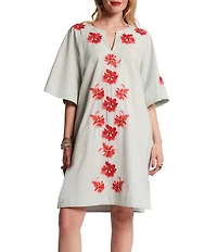 FRANCES VALENTINE Embroidered Floral Applique Detail Split V-Neck Short Bell Sleeves Charming Caftan Dress