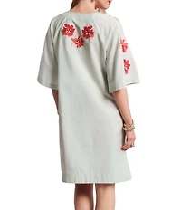 FRANCES VALENTINE Embroidered Floral Applique Detail Split V-Neck Short Bell Sleeves Charming Caftan Dress