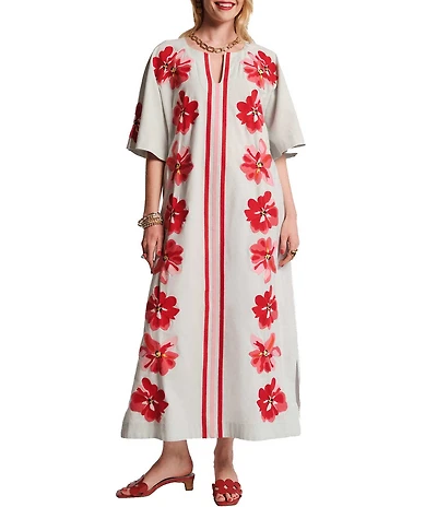 FRANCES VALENTINE Embroidered Floral Applique Split V-Neck Short Bell sleeves Charming Maxi Caftan Dress