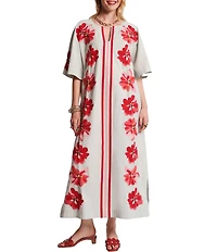 FRANCES VALENTINE Embroidered Floral Applique Split V-Neck Short Bell sleeves Charming Maxi Caftan Dress