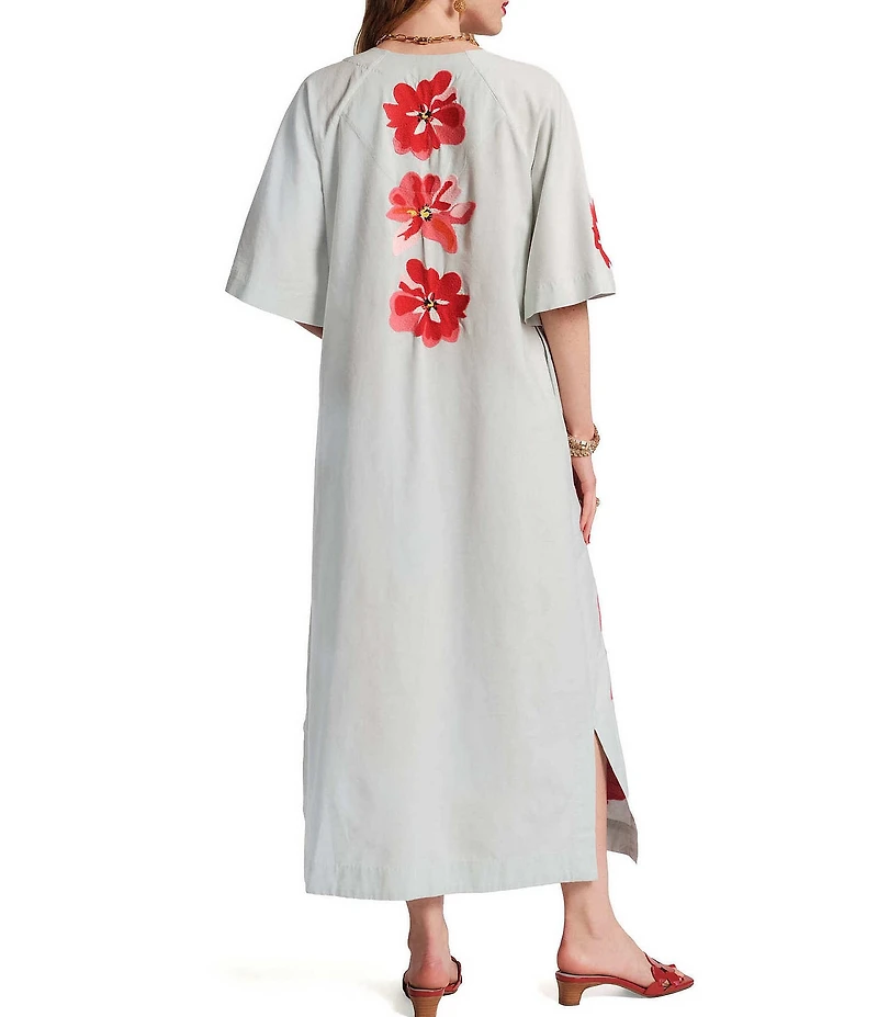 FRANCES VALENTINE Embroidered Floral Applique Split V-Neck Short Bell sleeves Charming Maxi Caftan Dress