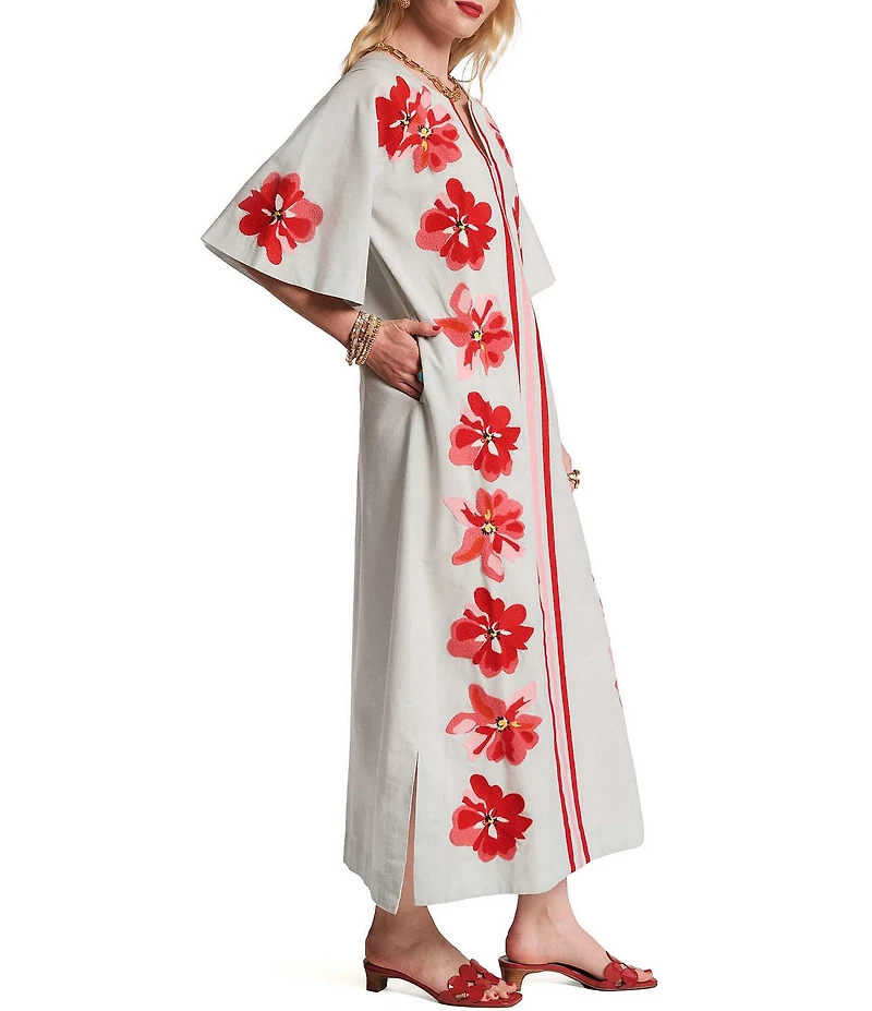 FRANCES VALENTINE Embroidered Floral Applique Split V-Neck Short Bell sleeves Charming Maxi Caftan Dress