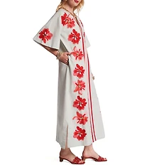 FRANCES VALENTINE Embroidered Floral Applique Split V-Neck Short Bell sleeves Charming Maxi Caftan Dress