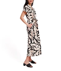 FRANCES VALENTINE Eve Sketchy Jungle Print Point Collar Short Sleeve Tie Waist Midi Dress