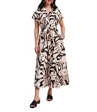 FRANCES VALENTINE Eve Sketchy Jungle Print Point Collar Short Sleeve Tie Waist Midi Dress