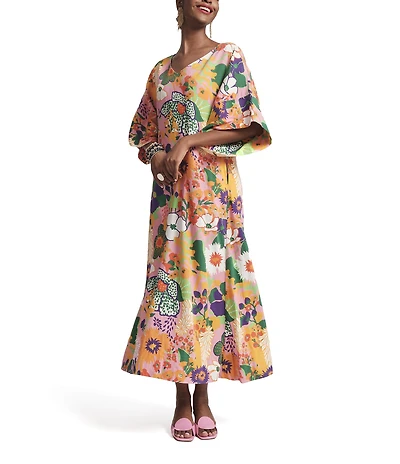 FRANCES VALENTINE Fin And Tonic Botanical Print V-Neck Elbow Sleeve Maxi Dress