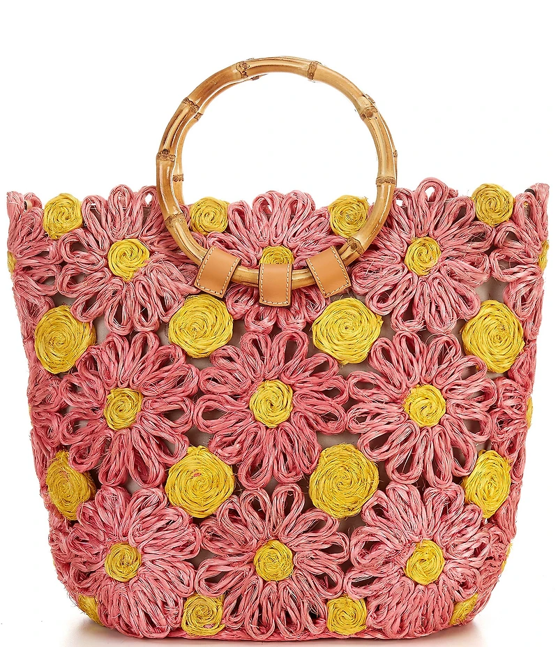 FRANCES VALENTINE Flora Raffia Bamboo Statement Handle Tote Bag