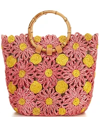 FRANCES VALENTINE Flora Raffia Bamboo Statement Handle Tote Bag