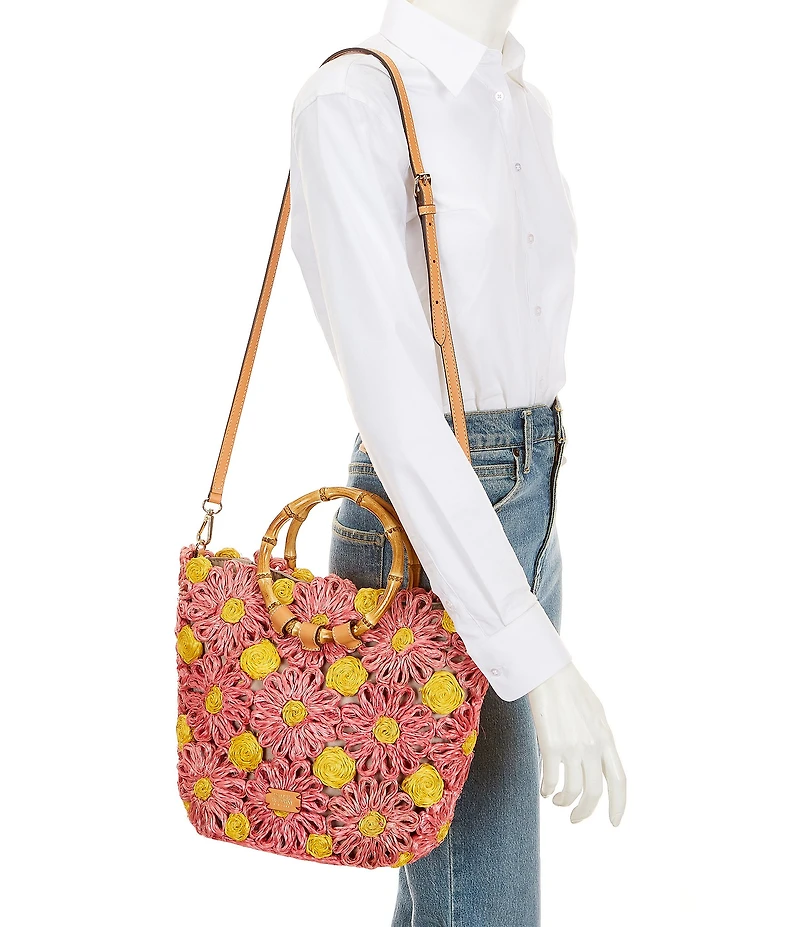 FRANCES VALENTINE Flora Raffia Bamboo Statement Handle Tote Bag