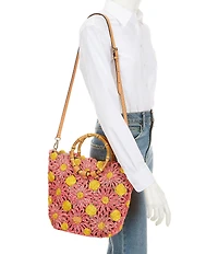 FRANCES VALENTINE Flora Raffia Bamboo Statement Handle Tote Bag