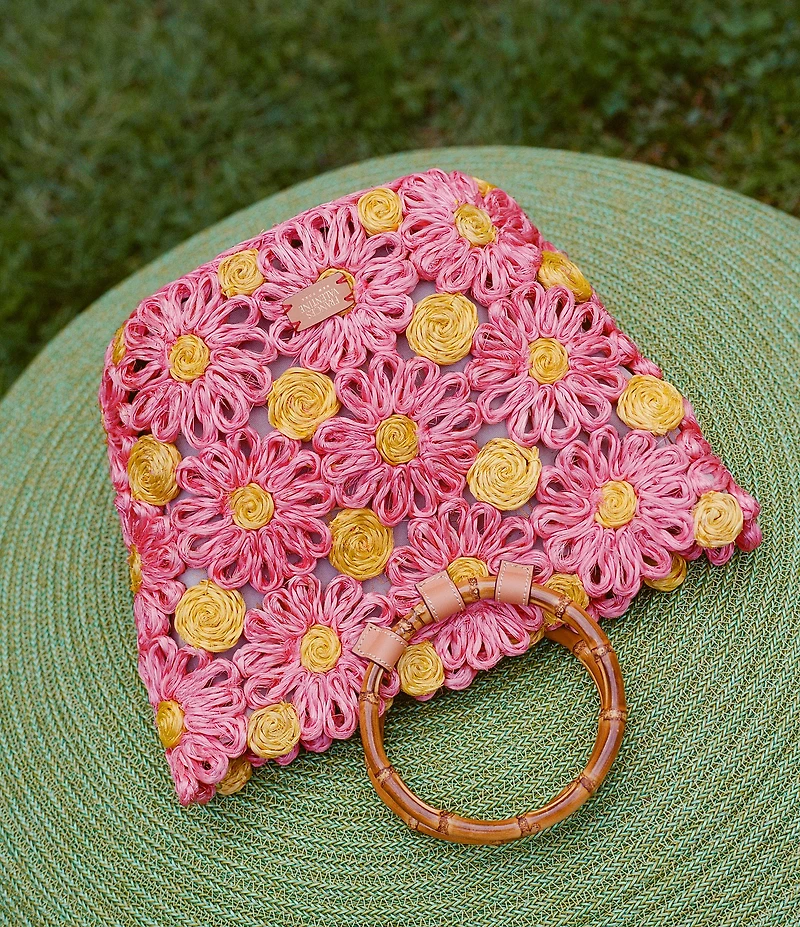 FRANCES VALENTINE Flora Raffia Bamboo Statement Handle Tote Bag