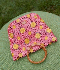 FRANCES VALENTINE Flora Raffia Bamboo Statement Handle Tote Bag