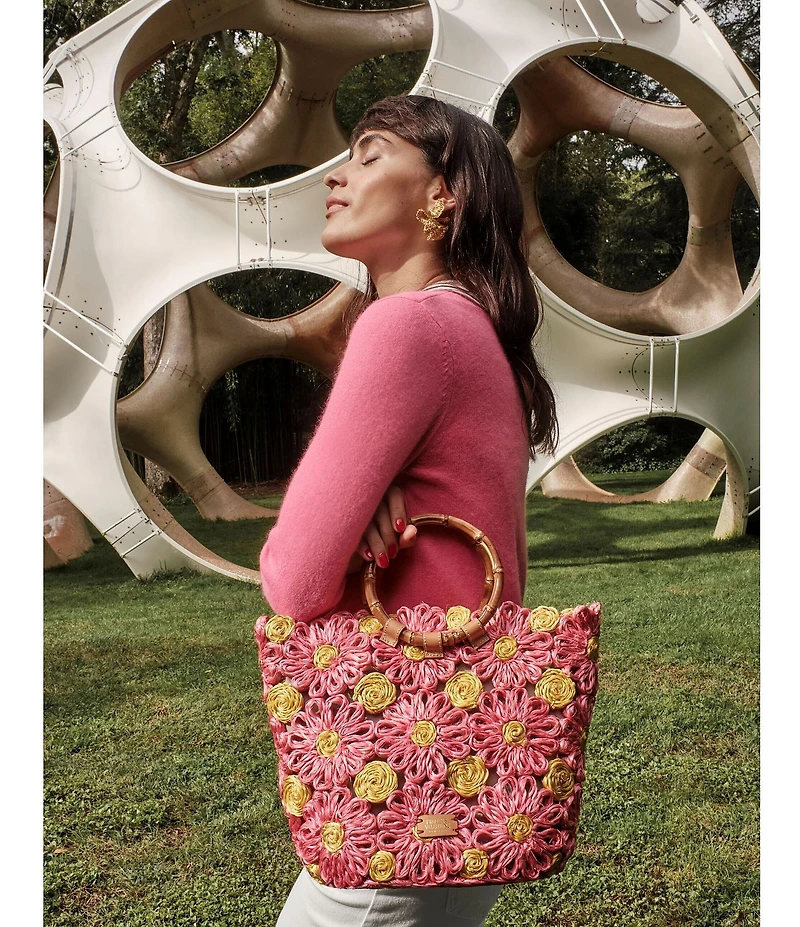 FRANCES VALENTINE Flora Raffia Bamboo Statement Handle Tote Bag