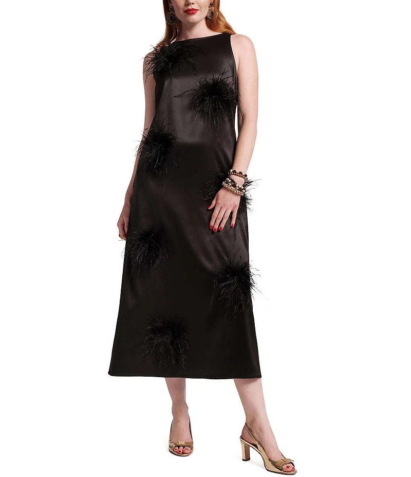 FRANCES VALENTINE Francesca Dutch Satin Feather Pouf Boat Neck Sleeveless Midi Dress