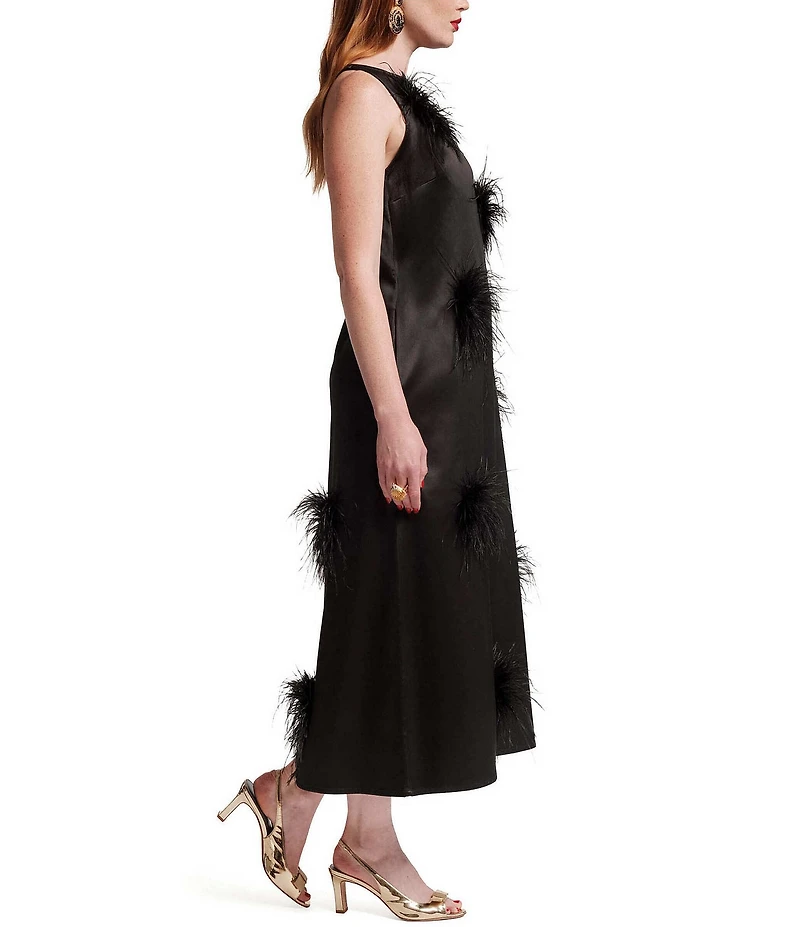 FRANCES VALENTINE Francesca Dutch Satin Feather Pouf Boat Neck Sleeveless Midi Dress