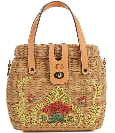 FRANCES VALENTINE Harriet Wicker Embroidered Floral Motif Top Handle Bag