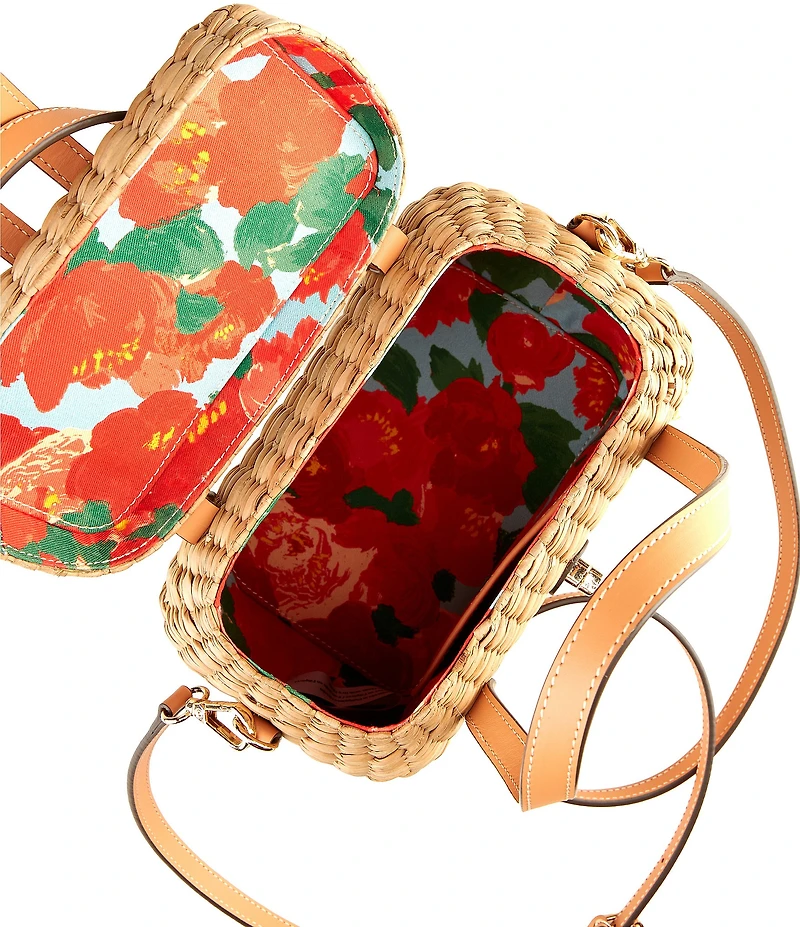 FRANCES VALENTINE Harriet Wicker Embroidered Floral Motif Top Handle Bag