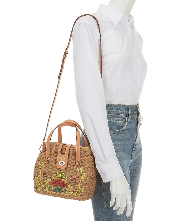 FRANCES VALENTINE Harriet Wicker Embroidered Floral Motif Top Handle Bag
