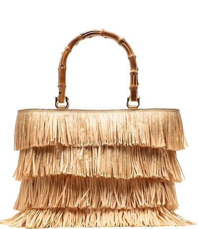 FRANCES VALENTINE Hula Fringe Raffia Bamboo Handle Tote Bag