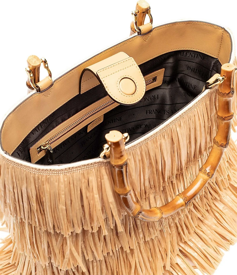 FRANCES VALENTINE Hula Fringe Raffia Bamboo Handle Tote Bag