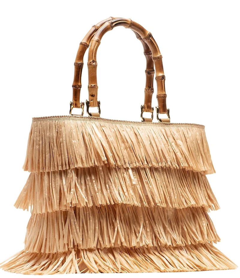 FRANCES VALENTINE Hula Fringe Raffia Bamboo Handle Tote Bag