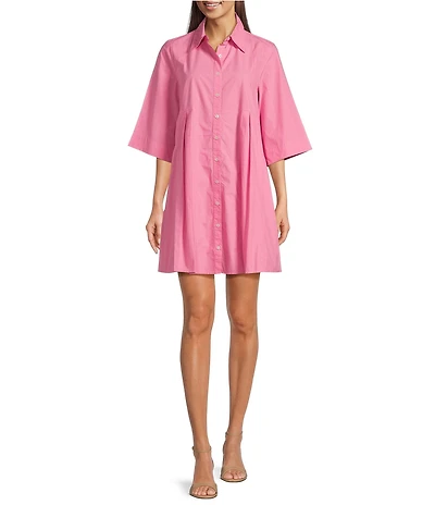 FRANCES VALENTINE Isla Poplin Point Collar Elbow Sleeve Button Front Shirt Dress