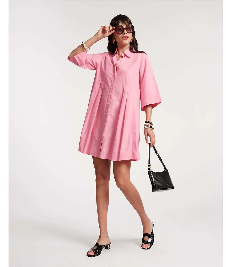 FRANCES VALENTINE Isla Poplin Point Collar Elbow Sleeve Button Front Shirt Dress