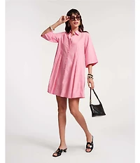 FRANCES VALENTINE Isla Poplin Point Collar Elbow Sleeve Button Front Shirt Dress
