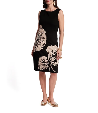 FRANCES VALENTINE Jacquard Wool-Blend Swan Carefree Chrysanthemum Placement Print Sheath Dress