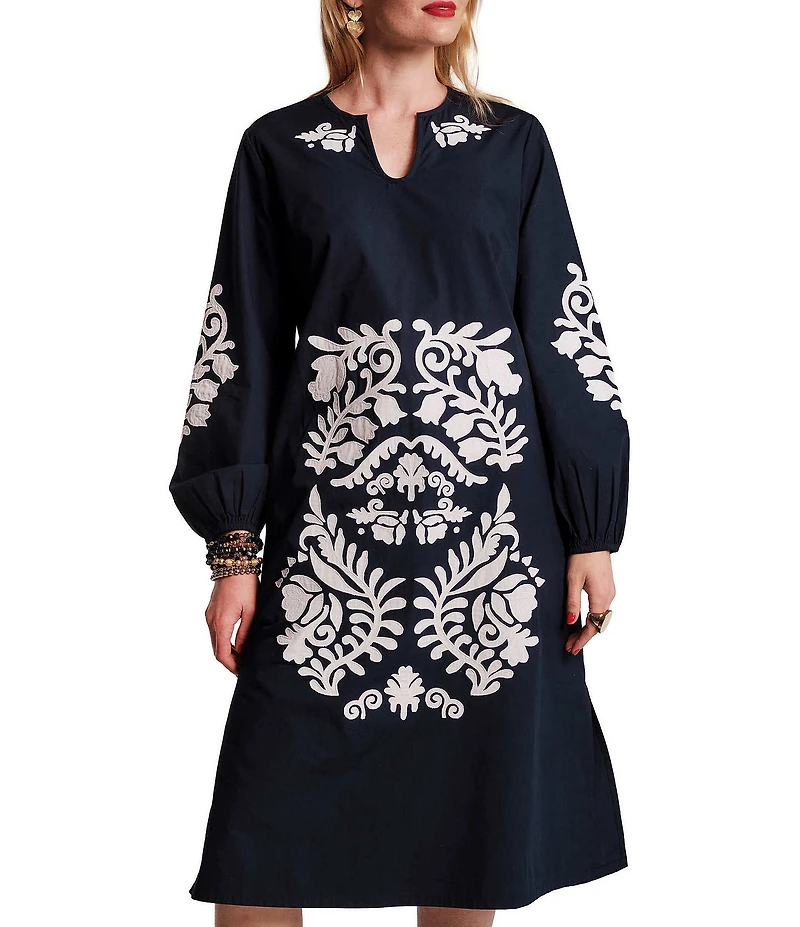 FRANCES VALENTINE Kris Embroidered Poplin Split Neck Long Sleeve Midi Shift Dress