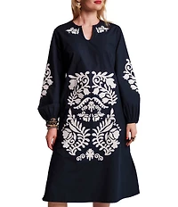 FRANCES VALENTINE Kris Embroidered Poplin Split Neck Long Sleeve Midi Shift Dress