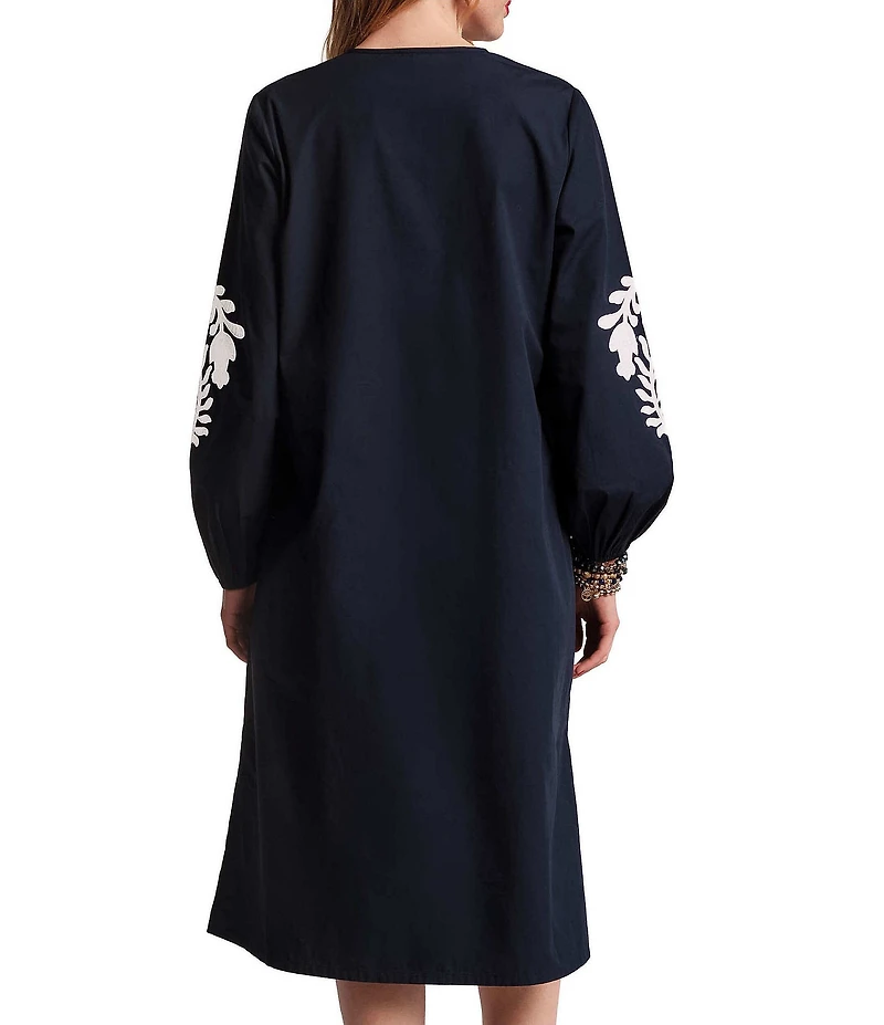 FRANCES VALENTINE Kris Embroidered Poplin Split Neck Long Sleeve Midi Shift Dress
