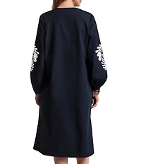 FRANCES VALENTINE Kris Embroidered Poplin Split Neck Long Sleeve Midi Shift Dress