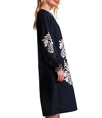 FRANCES VALENTINE Kris Embroidered Poplin Split Neck Long Sleeve Midi Shift Dress