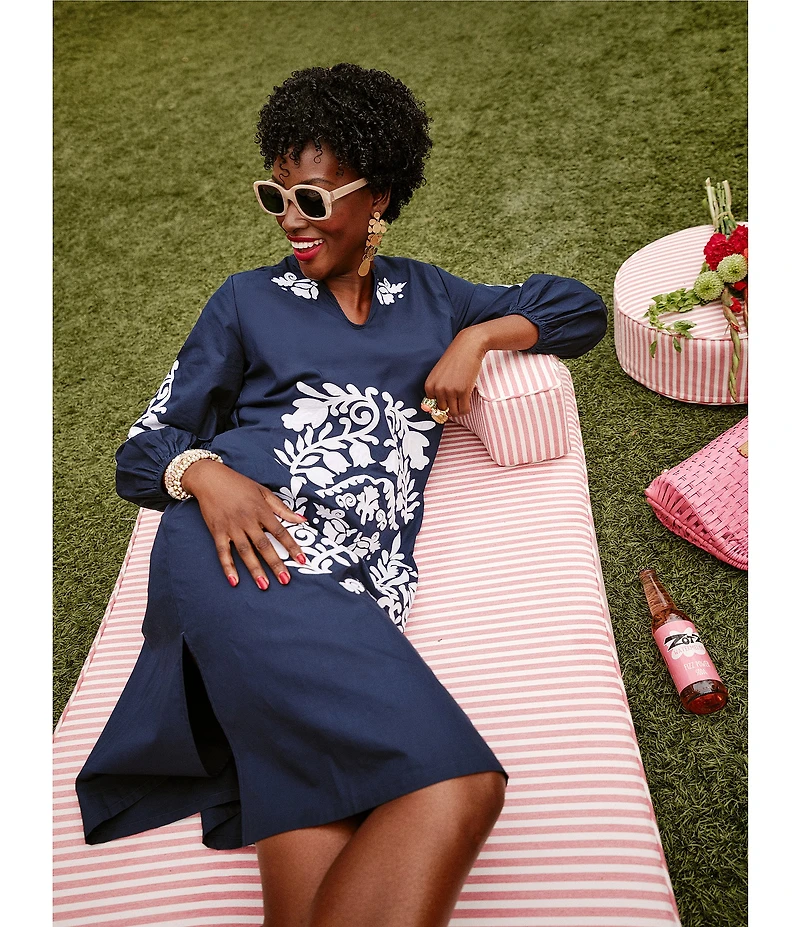 FRANCES VALENTINE Kris Embroidered Poplin Split Neck Long Sleeve Midi Shift Dress