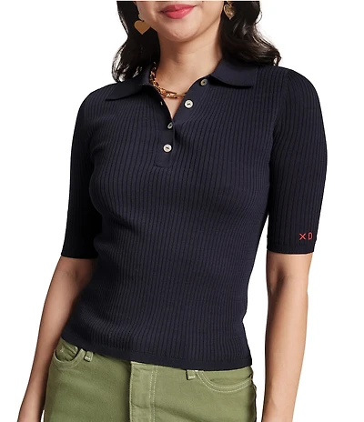 FRANCES VALENTINE Krissy Rib Knit Elbow Sleeve Polo Top