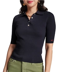 FRANCES VALENTINE Krissy Rib Knit Elbow Sleeve Polo Top