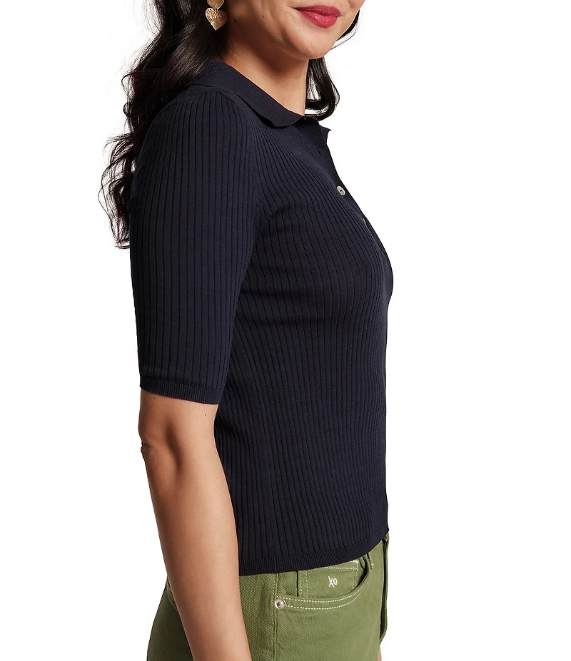 FRANCES VALENTINE Krissy Rib Knit Elbow Sleeve Polo Top