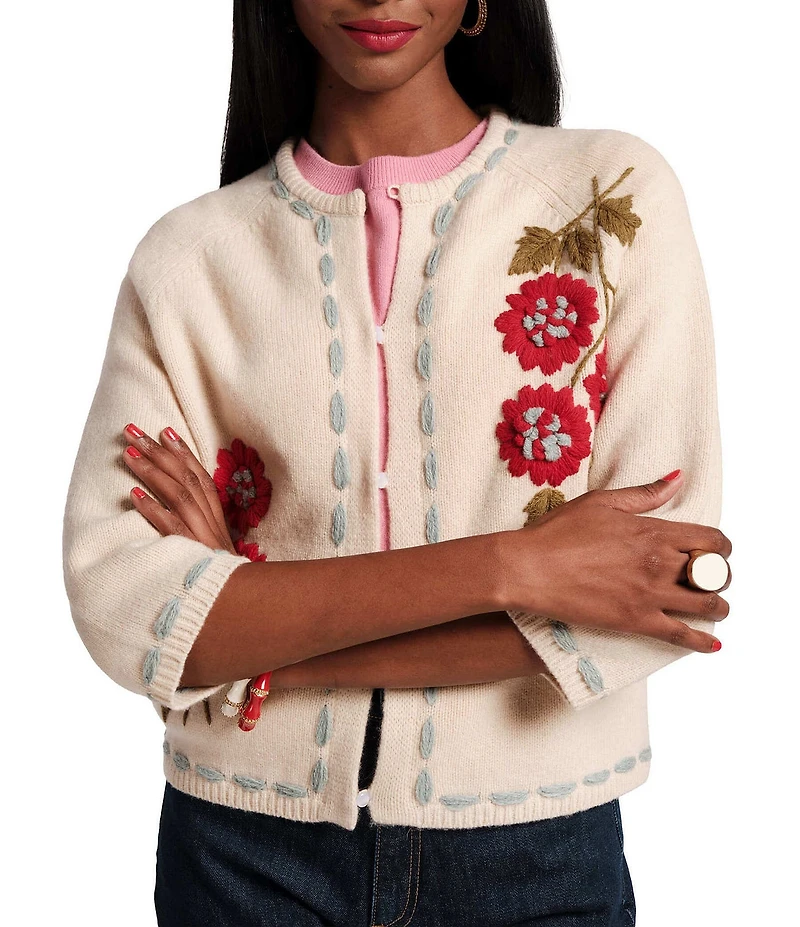 FRANCES VALENTINE Lambswool Blanket Stitch Floral Embroidered Cardigan