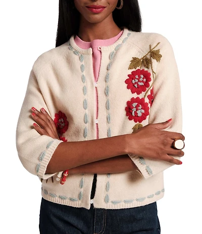 FRANCES VALENTINE Lambswool Blanket Stitch Floral Embroidered Cardigan
